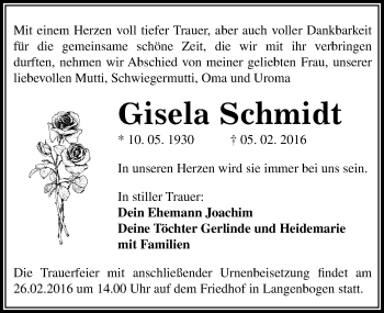 Traueranzeige von Gisela Schmidt von Mitteldeutsche Zeitung Halle/Saalkreis
