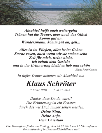 Traueranzeige von Klaus Schröter von Mitteldeutsche Zeitung Dessau-Roßlau