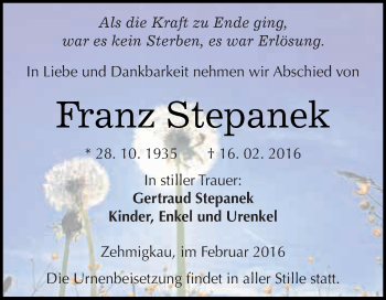 Traueranzeige von Franz Stepanek von WVG - Wochenspiegel Dessau / Köthen