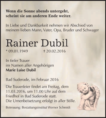 Traueranzeige von Rainer Dubil von WVG - Wochenspiegel Quedlinburg