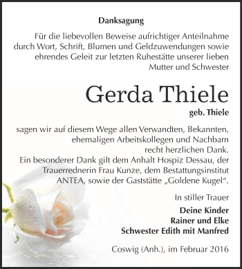 Traueranzeige von Gerda Thiele von Super Sonntag Wittenberg