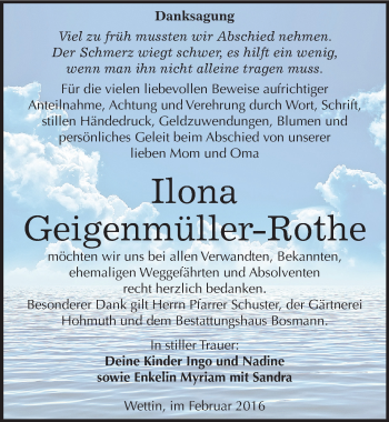 Traueranzeige von Ilona Geigenmüller-Rothe von Mitteldeutsche Zeitung Halle/Saalkreis