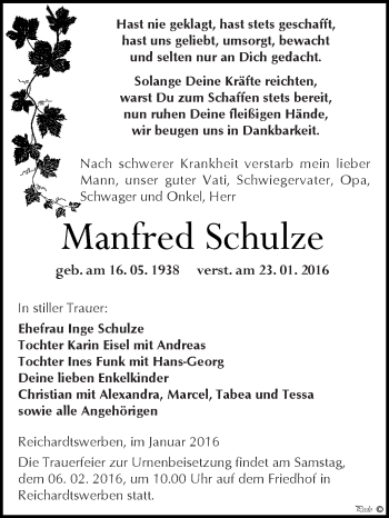 Traueranzeige von Manfred Schulze von WVG - Wochenspiegel NMB / WSF / ZTZ