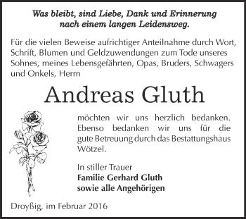 Traueranzeige von Andreas Gluth von Super Sonntag Zeitz
