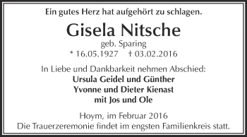 Traueranzeige von Gisela Nitsche von Super Sonntag Aschersleben