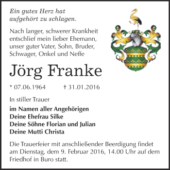 Traueranzeige von Jörg Franke von Super Sonntag Wittenberg