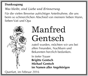 Traueranzeige von Manfred Gentsch von Mitteldeutsche Zeitung Merseburg/Querfurt