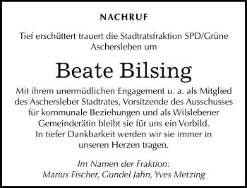 Traueranzeige von Beate Bilsing von Mitteldeutsche Zeitung Aschersleben