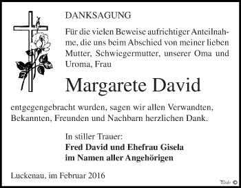 Traueranzeige von Margarete David von Super Sonntag Zeitz