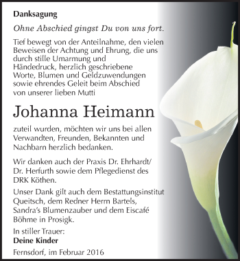 Traueranzeige von Johanna Heimann von Mitteldeutsche Zeitung Köthen