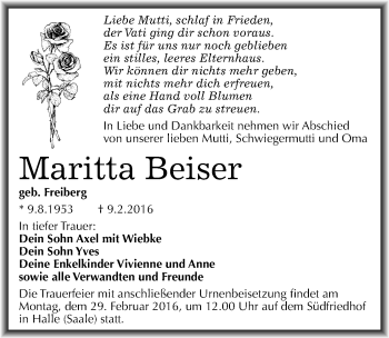 Traueranzeige von Maritta Beiser von Mitteldeutsche Zeitung Halle/Saalkreis