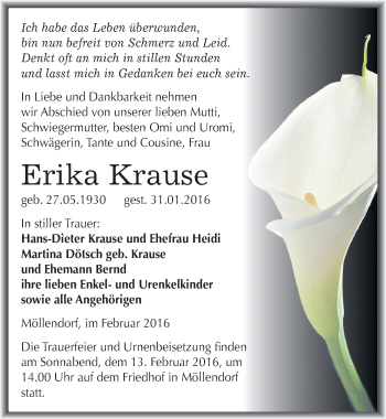 Traueranzeige von Erika Krause von Mitteldeutsche Zeitung Mansfelder Land