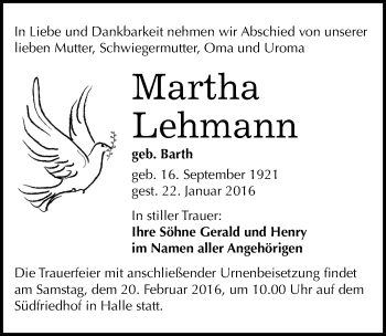 Traueranzeige von Martha Lehmann von Mitteldeutsche Zeitung Halle/Saalkreis