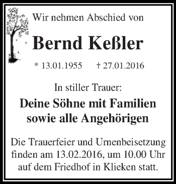 Traueranzeige von Bernd Keßler von WVG - Wochenspiegel Dessau / Köthen