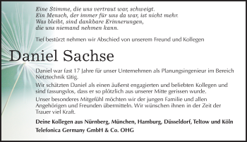 Traueranzeige von Daniel Sachse von Mitteldeutsche Zeitung Weißenfels