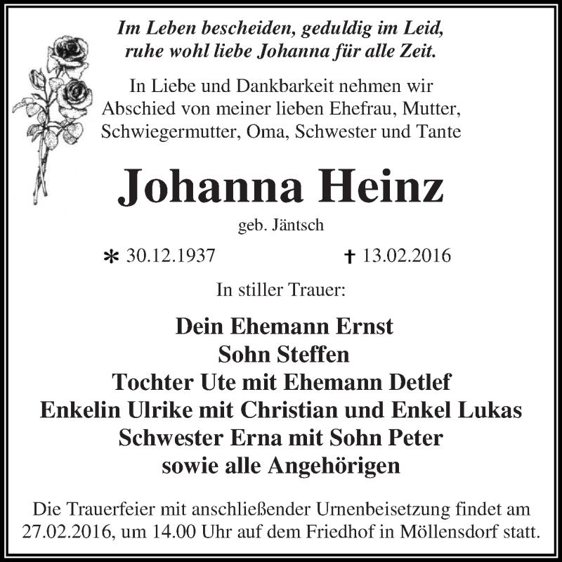  Traueranzeige für Johanna Heinz vom 20.02.2016 aus WVG - Wochenspiegel Dessau / Köthen