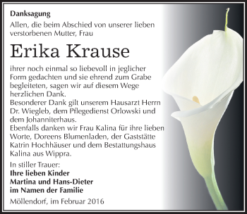 Traueranzeige von Erika Krause von Mitteldeutsche Zeitung Mansfelder Land