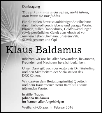 Traueranzeige von Klaus Baldamus von WVG - Wochenspiegel Dessau / Köthen
