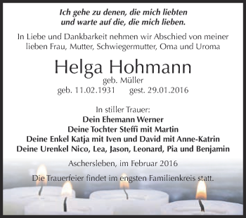 Traueranzeige von Helga Hohmann von Super Sonntag Aschersleben
