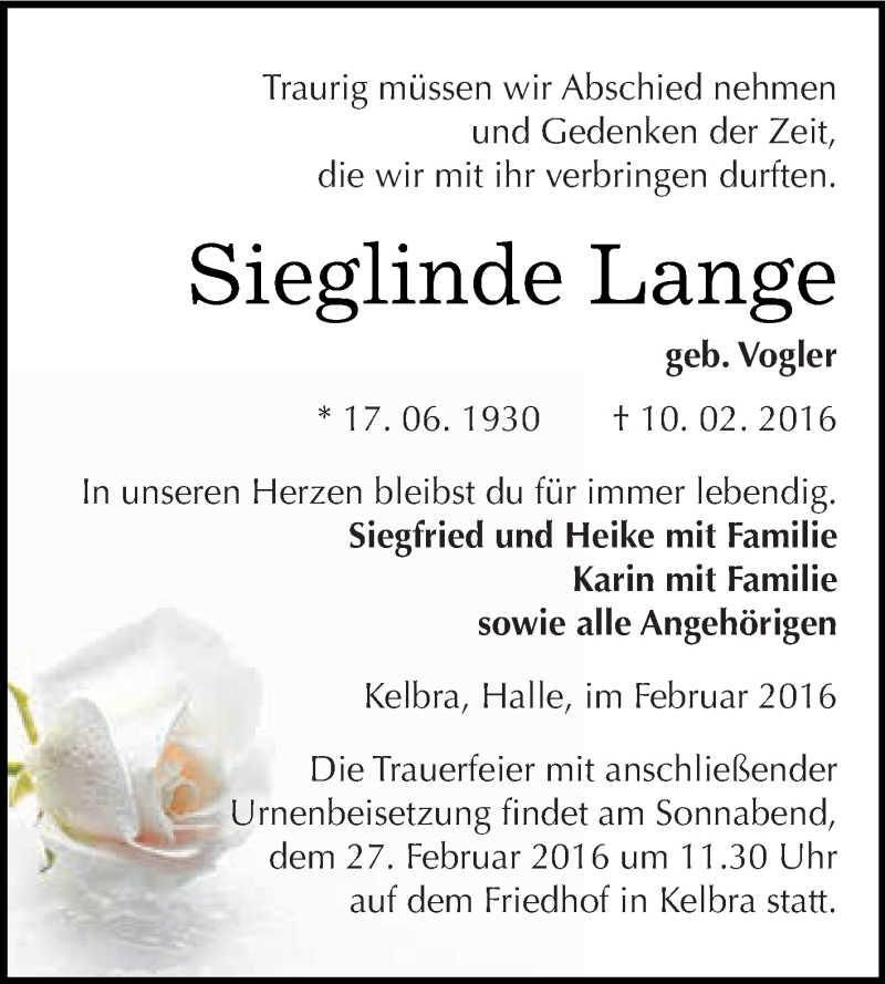  Traueranzeige für Sieglinde Lange vom 20.02.2016 aus Super Sonntag SGH Mansf. Land