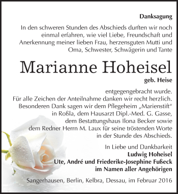 Traueranzeige von Marianne Hoheisel von Mitteldeutsche Zeitung Sangerhausen