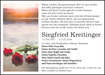 Traueranzeige von Siegfried Kreitinger von Mitteldeutsche Zeitung Bitterfeld