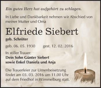 Traueranzeige von Elfriede Siebert von Mitteldeutsche Zeitung Mansfelder Land
