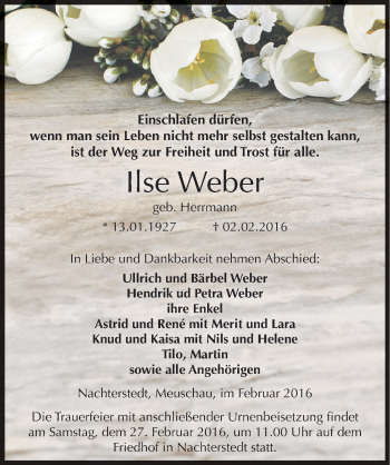 Traueranzeige von Ilse Weber von Mitteldeutsche Zeitung Aschersleben