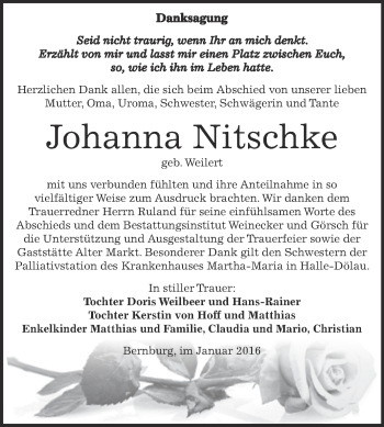 Traueranzeige von Johanna Nitschke von Super Sonntag Bernburg