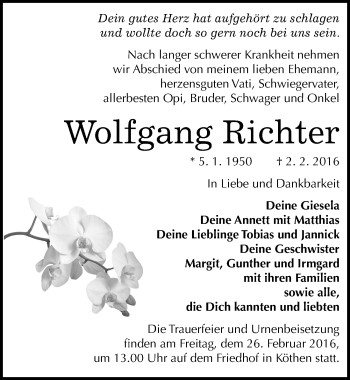 Traueranzeige von Wolfgang Richter von Mitteldeutsche Zeitung Köthen