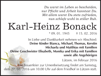 Traueranzeige von Karl-Heinz Bonack von Mitteldeutsche Zeitung Weißenfels