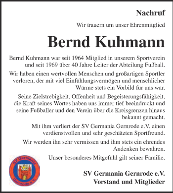 Traueranzeige von Bernd Kuhmann von WVG - Wochenspiegel Quedlinburg