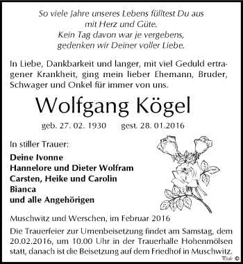 Traueranzeige von Wolfgang Kögel von Mitteldeutsche Zeitung Weißenfels
