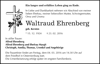 Traueranzeige von Waltraud Ehrenberg von Mitteldeutsche Zeitung Köthen