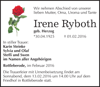 Traueranzeige von Irene Ryboth von Mitteldeutsche Zeitung Sangerhausen