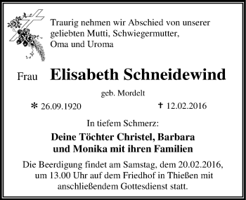 Traueranzeige von Elisabeth Schneidewind von Mitteldeutsche Zeitung