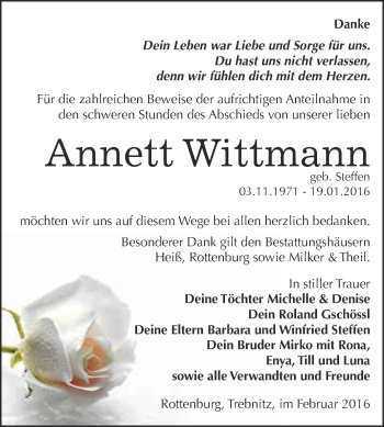 Traueranzeige von Annett Wittmann von Super Sonntag Zeitz