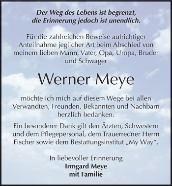 Traueranzeige von Werner Meye von Mitteldeutsche Zeitung Weißenfels