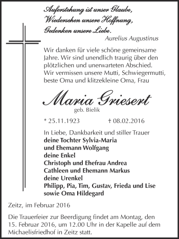 Traueranzeige von Maria Griesert von Super Sonntag Zeitz
