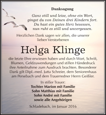 Traueranzeige von Helga Klinge von Mitteldeutsche Zeitung Merseburg/Querfurt