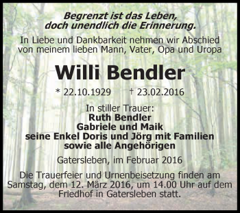 Traueranzeige von Willi Bendler von Super Sonntag Aschersleben