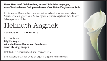 Traueranzeige von Helmuth Angrick von Mitteldeutsche Zeitung Mansfelder Land