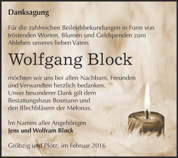 Traueranzeige von Wolfgang Block von WVG - Wochenspiegel Dessau / Köthen