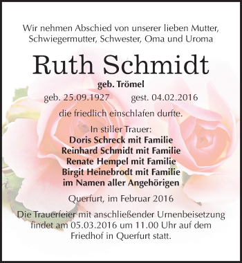 Traueranzeige von Ruth Schmidt von Mitteldeutsche Zeitung Merseburg/Querfurt