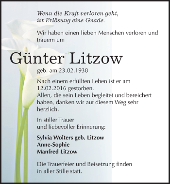 Traueranzeige von Günter Litzow von Mitteldeutsche Zeitung Köthen