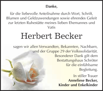Traueranzeige von Herbert Becker von WVG - Wochenspiegel Dessau / Köthen
