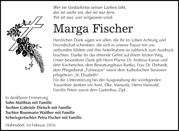Traueranzeige von Marga Fischer von WVG - Wochenspiegel Dessau / Köthen