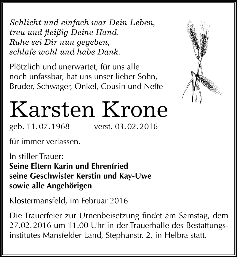  Traueranzeige für Karsten Krone vom 19.02.2016 aus Mitteldeutsche Zeitung Mansfelder Land