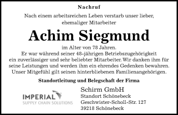 Traueranzeige von Achim Siegmund von Mitteldeutsche Zeitung Köthen