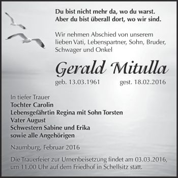Traueranzeige von Gerald Mitulla von WVG - Wochenspiegel NMB / WSF / ZTZ